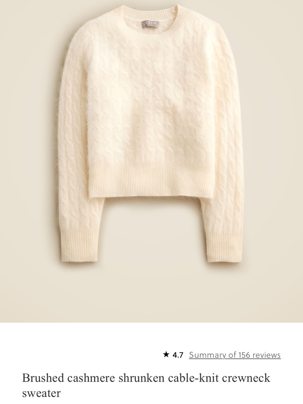 J. Crew Brushed Cashmere Cable-Knit Crewneck Sweater in Cream